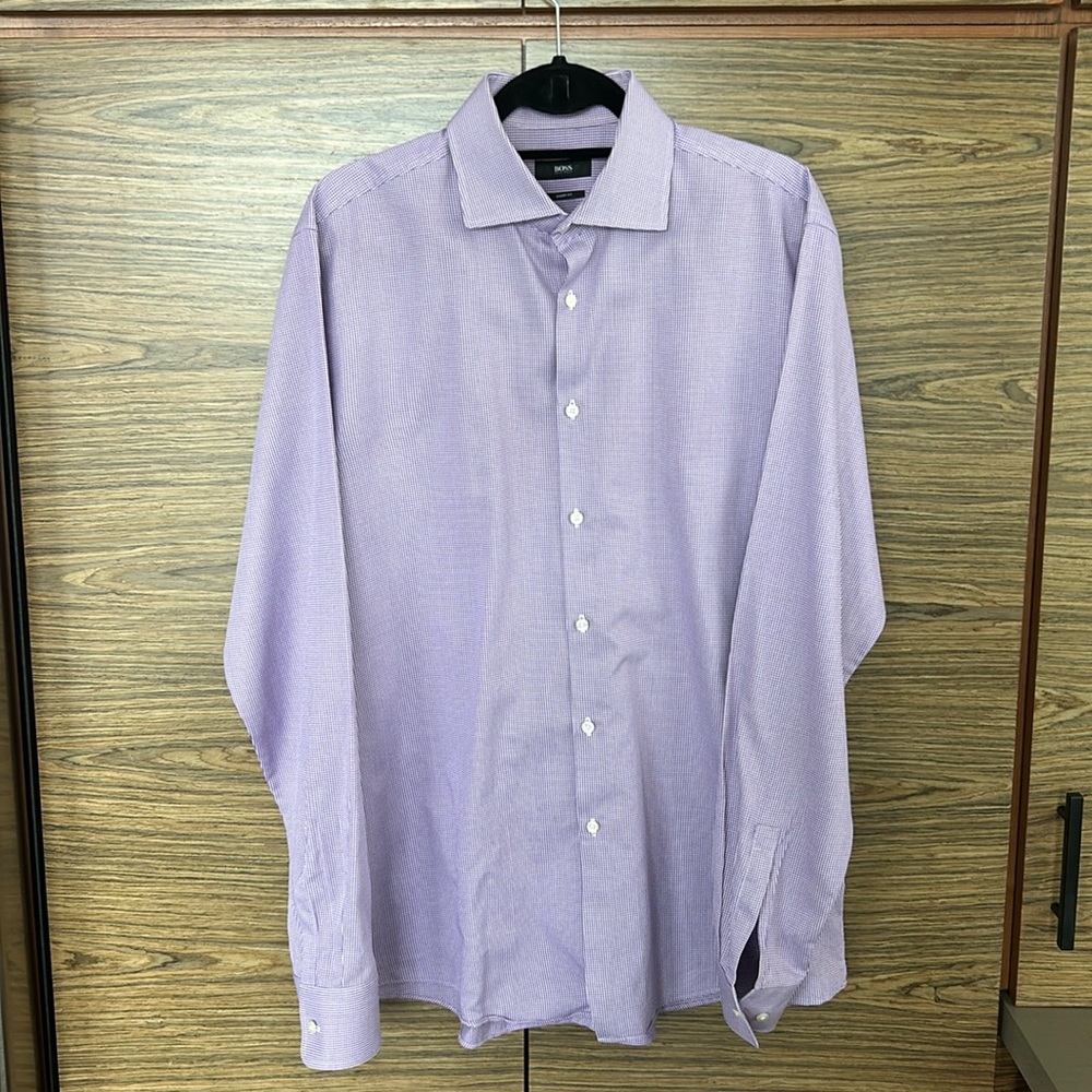 Hugo Boss ‘Miles’ Sharp Fit Dress Shirt in Purple Check | Size 17L